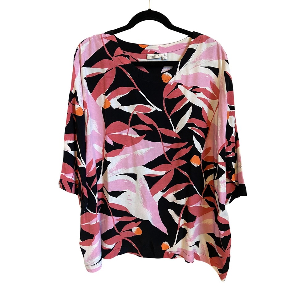 Masai Copenhagen Pink Black Botanical Leaf Print Viscose Tunic Top XL Relaxed